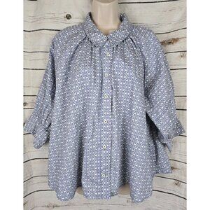 Free People Blue Floral Geo Top S Swing Balloon Sleeve 100% Cotton Cottagecore